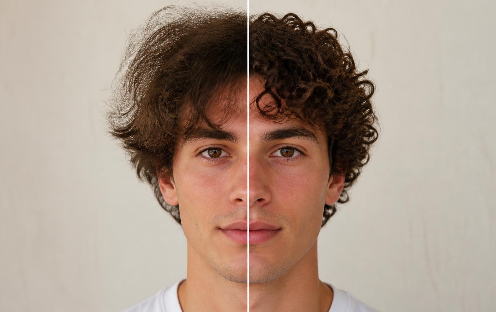 Split before and after of the same man: frizzy undefined hair on the left, defined curls on the right